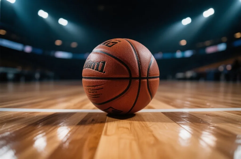 Close-up of a basketball resting on a polished wooden court floor with dramatic professional stadium lighting